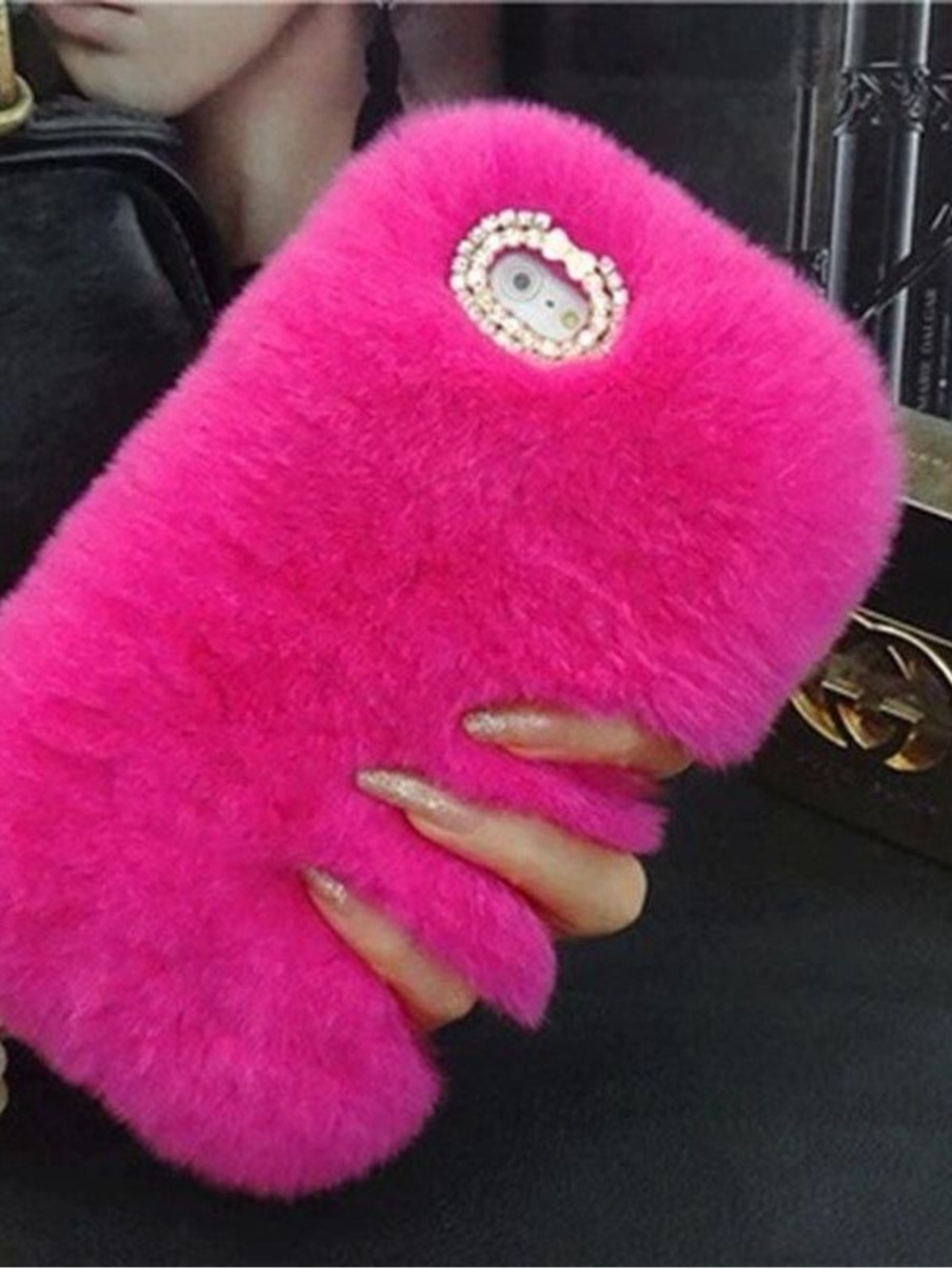Plush Fuchsia Pink Furry Phone Case with Crystal Camera Accent — LIKE NEW 🩷